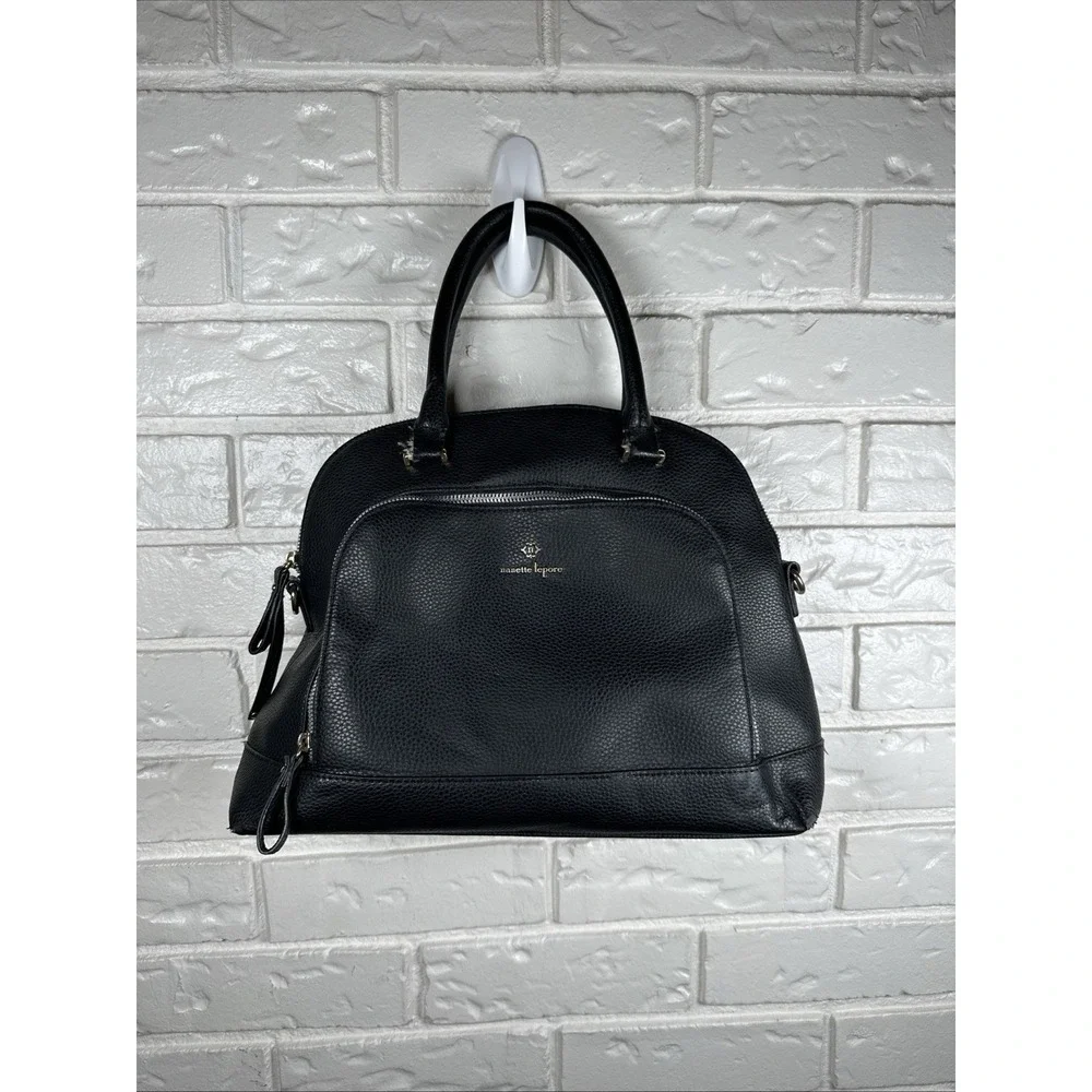 Nanette Lepore Black Pebbled Faux Leather Dome Satchel Bag Gold Hardware Y2K